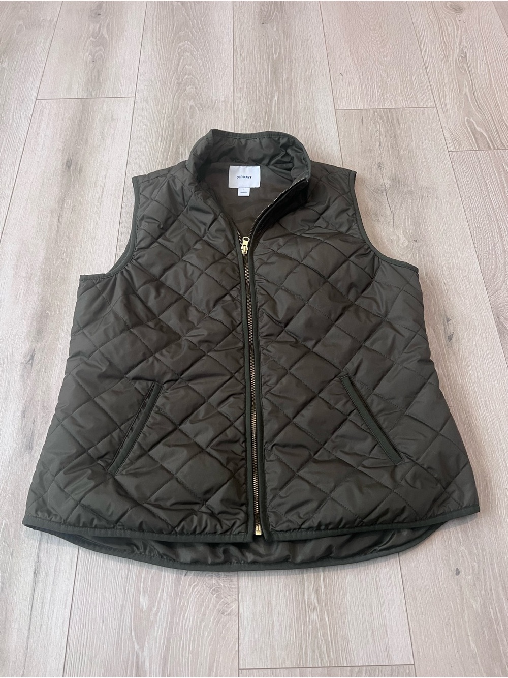Old Navy Quilted Olive Green Vest with Gold Zipper